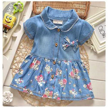 Leisure Floral Denim Cute Bow Dress