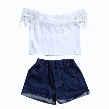 Off Shoulder Lace Floral Tops Denim Shorts Set