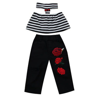 Stripped Halter Top& Flower Patch Denim Pants Set