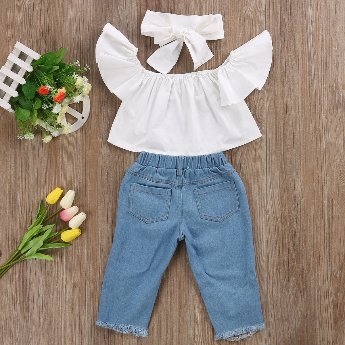 Baby Kids Girls Off Shoulder Tops Ripped Leggings Pants 3PCS Outfits Set