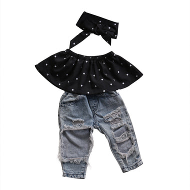 Off Shoulder Crop Top & Ripped Denim Pants Set